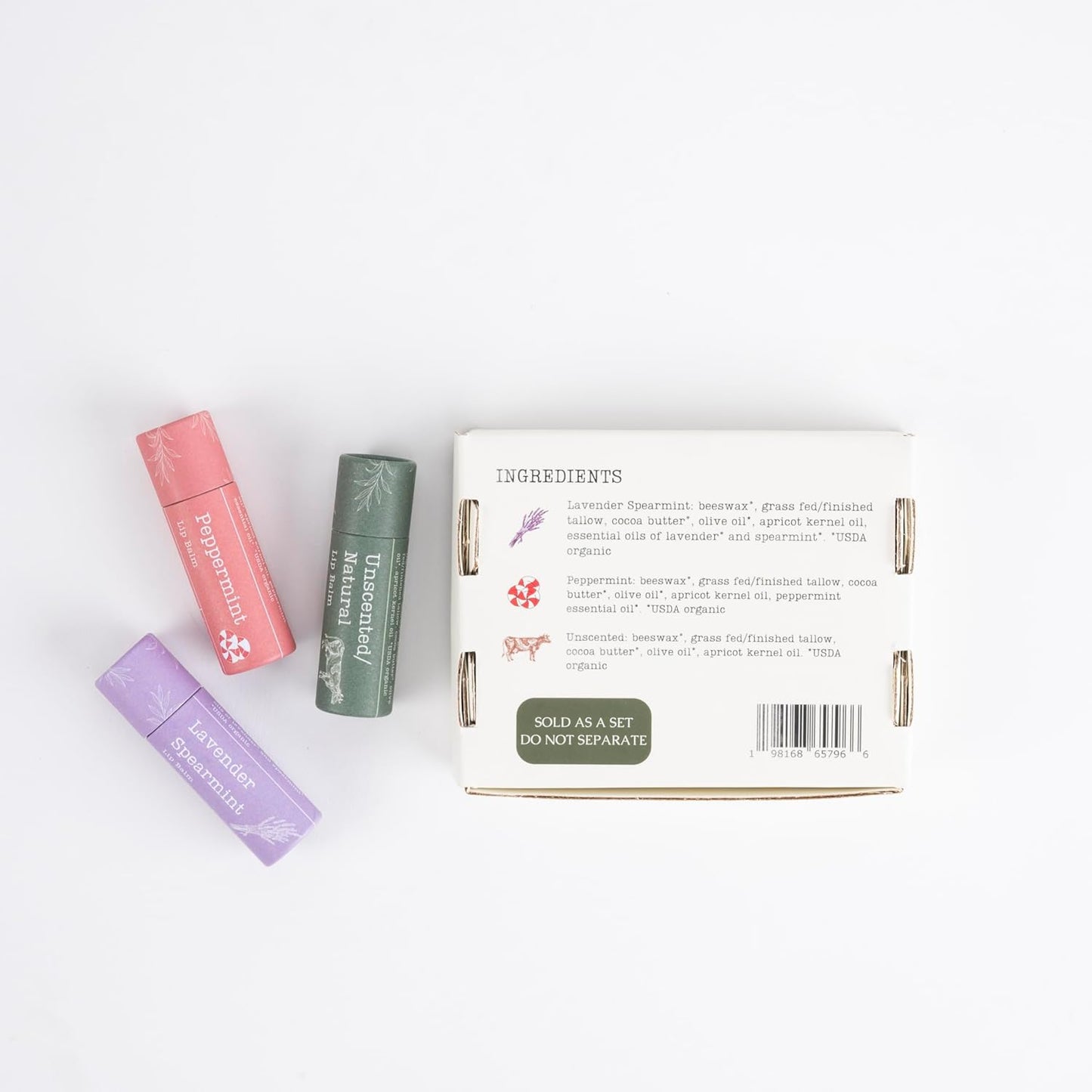 Hearth and Homestead: Handmade Tallow Lip Balm Collection: Unscented/Peppermint/Lavender-Spearmint (3x .33 oz)