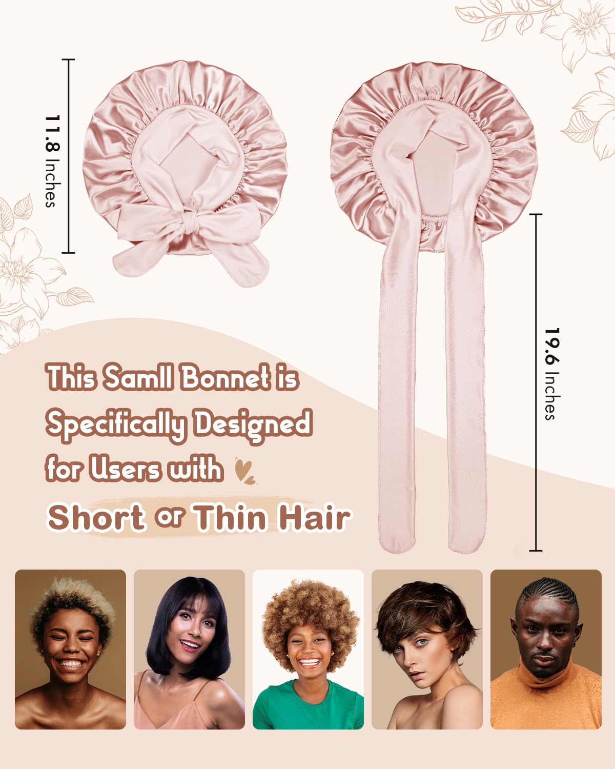 BONNET QUEEN Silk Bonnet for Sleeping Women Satin Bonnet Night Sleep Cap Wrap for Curly Hair with Adjustable Tie Band, Single Layer, Small, Cream Pink