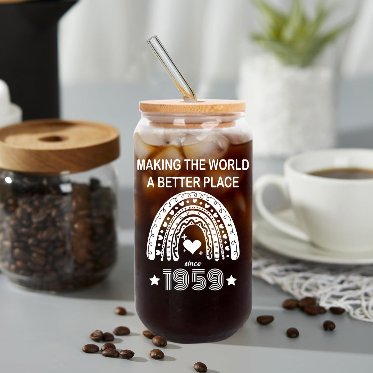 65th Birthday Gifts for Women 65 Year Old Birthday Cups 1959 Birthday Present Happy 65th Birthday Cute Glass Cups with Lids and Straws 65th Birthday Party Decorations Gifts Ideas 16 Oz Can Glass