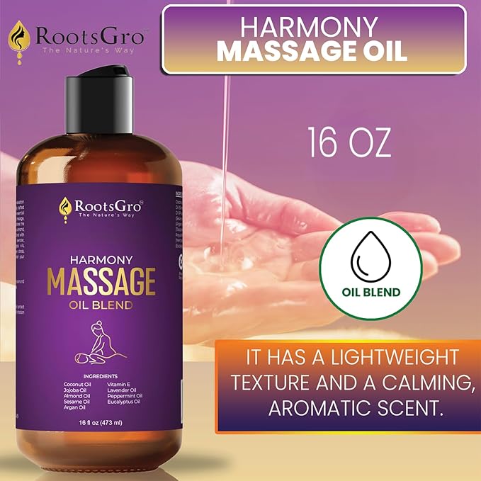 Harmony Massage Oil - Hydrating Blend with Coconut, Jojoba, Almond, Argan Oil & Vitamin E - with Lavender, Peppermint & Eucalyptus - Ideal for Massage, Moisturizing & Relaxation - 16 Fl Oz