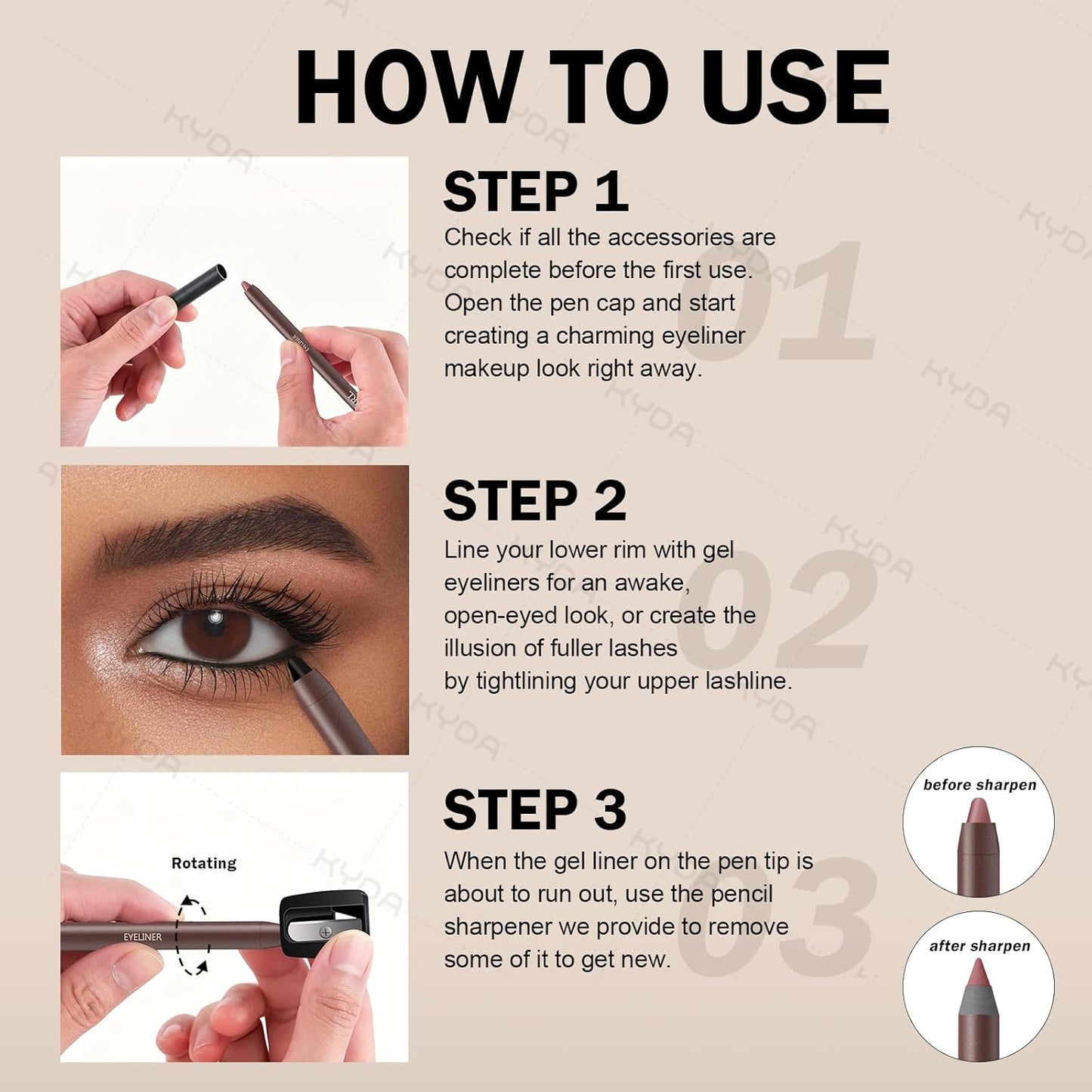 KYDA 2 Pcs Gel Eyeliner Pencil, Smooth Creamy Matte Gel Eyeliner with Sharpener, Multi-Use Sharpenable Eye Liner, Lasting Waterproof Smudge Proof, High Pigmented Waterline Eyes Makeup Pen, STONE