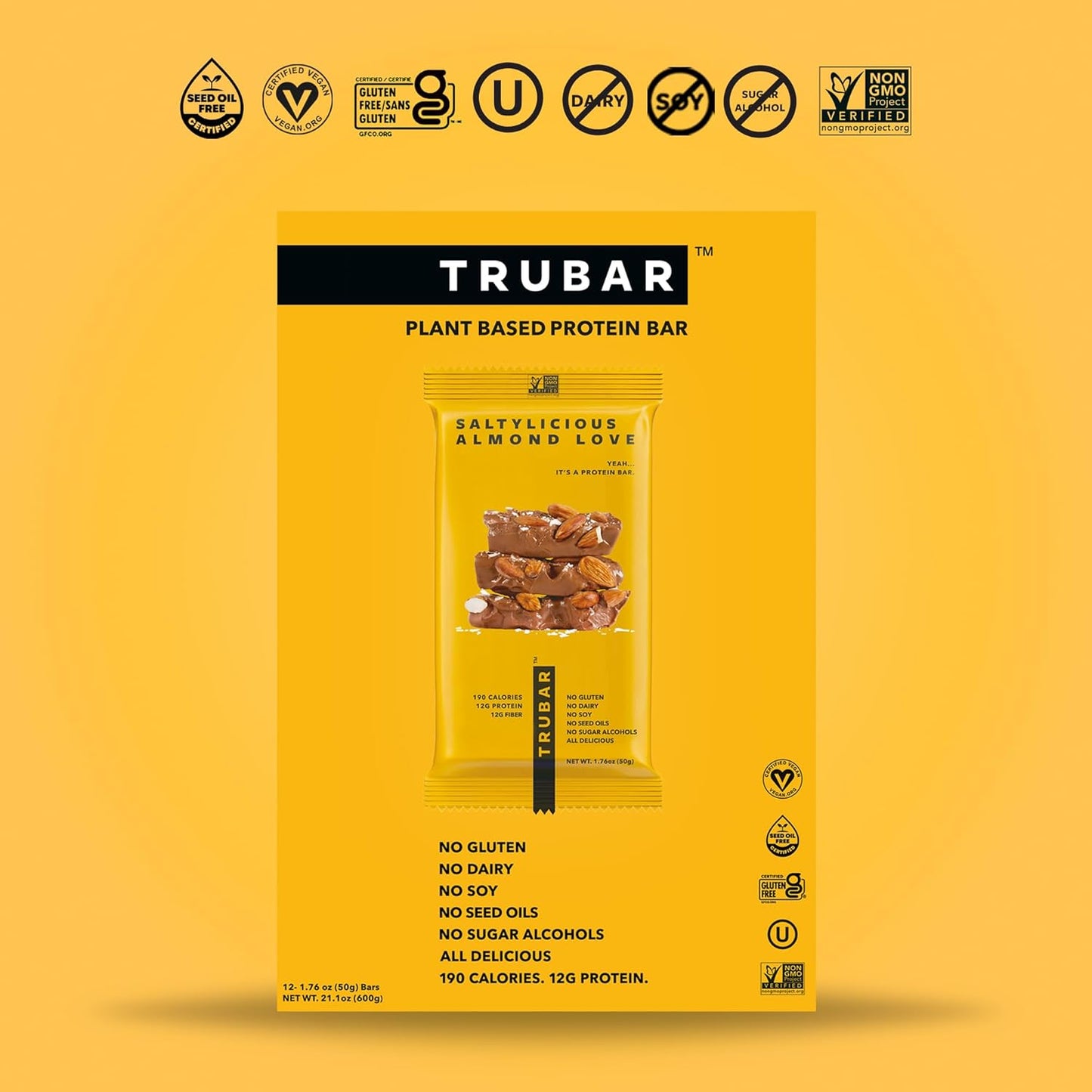 TRUBAR Vegan Protein Bar, Saltylicious Almond Love, Gluten Free, Plant Based, High Fiber, Dairy Free, Low Fat, Non GMO, No Sugar Alcohols, 12G Lean Protein, 13G Fiber, Healthy Snack Bars, 12 CT