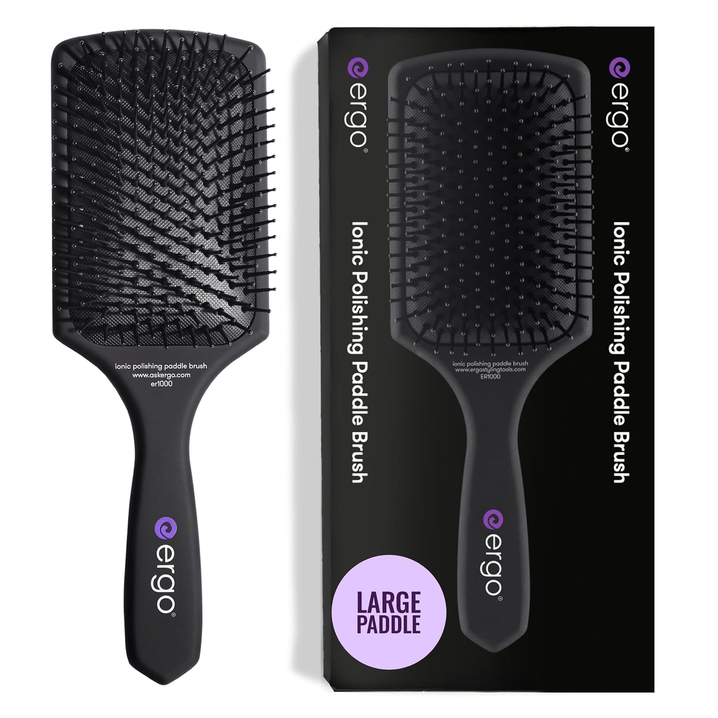 ERGO Ionic Paddle Hair Brush – Large Polishing Brush for Long-Lasting Shine, Detangling Brush for Wet & Dry Hair Care, Hair Styling Tool for Blow Drying (ER1000)