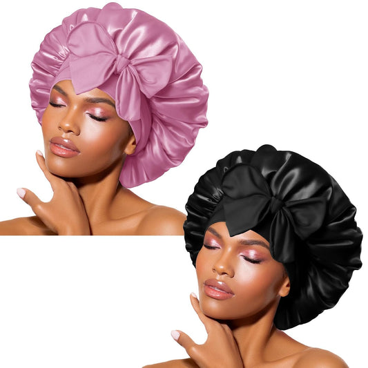 BONNET QUEEN Silk Bonnet for Sleeping Women Satin Bonnet Night Sleep Cap Wrap for Curly Hair with Adjustable Tie Band, Single Layer, Black+Rose Gold