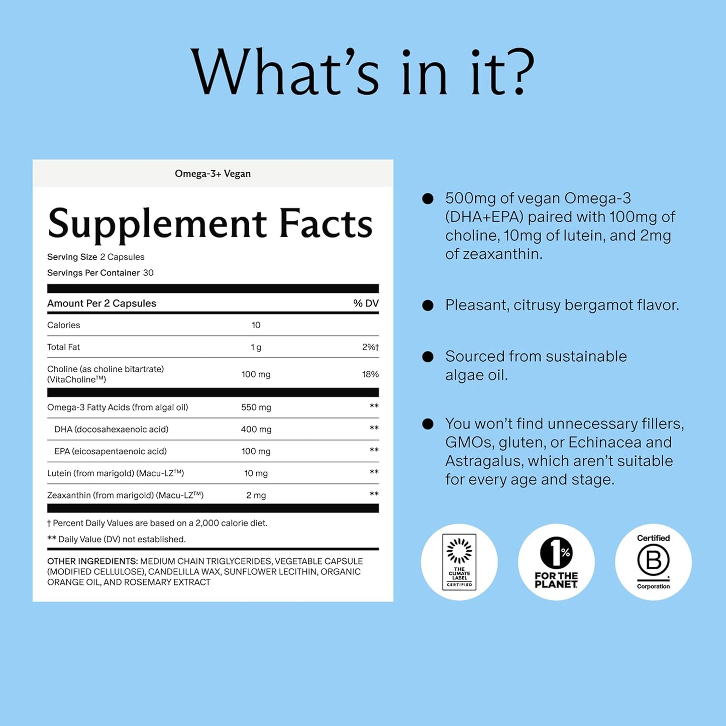 Needed. Prenatal Omega-3 - High Potency Dose of Sustainably Sourced Fish Oil, Bergamot Flavor, 1000mg DHA, 1000mg EPA, Encased in a Gelatin-Free, Plant-Based Softgel Shell, 30-Day Supply