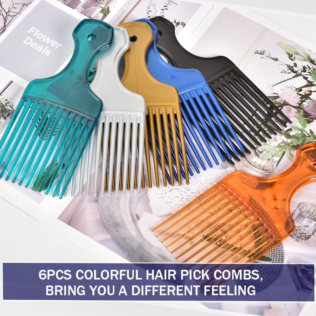 6 Pack Wide Tooth Afro Picks for Curly Hairstyling, 6.3 Inch Plastic Afro Combs for Women and Men (6 Colors)