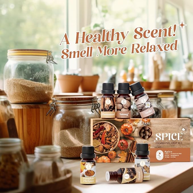 Autumn Spice Essential Oils Set, Fragrance Oil Gift Set for Oil Diffusers, Scented Oils for Soap Candle Making 6x10ml - Cinnamon, Nutmeg, Vanilla, Gingerbread, Pumpkin Pie Spice, and Cloves
