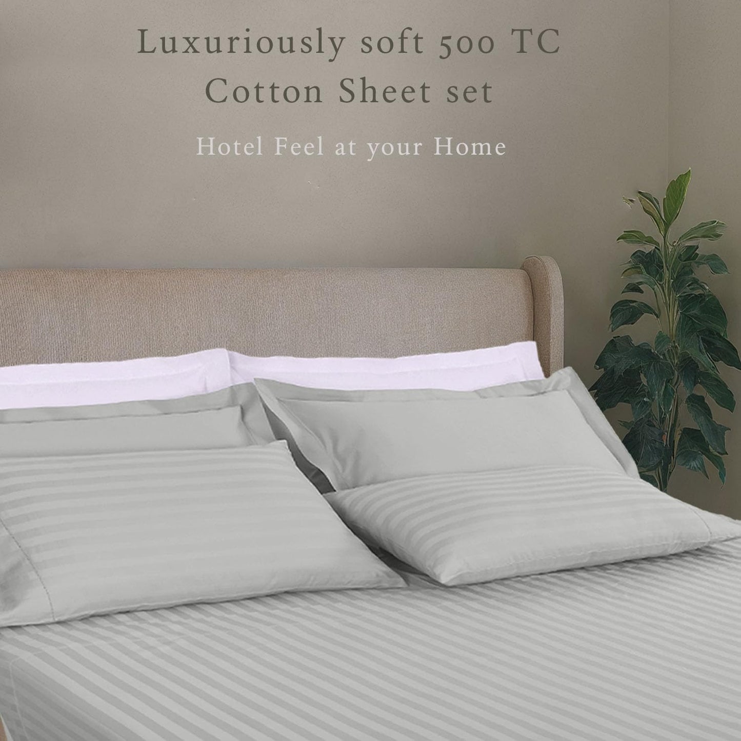 Threadmill 500 Thread Count King Size Damask Stripe, 4 Pc Luxury Cotton Bed Sheet Set, Silky Soft Light Grey Sheets with 16" Elasticized Deep Pocket, 2 Pillowcases & Free Tote Bag