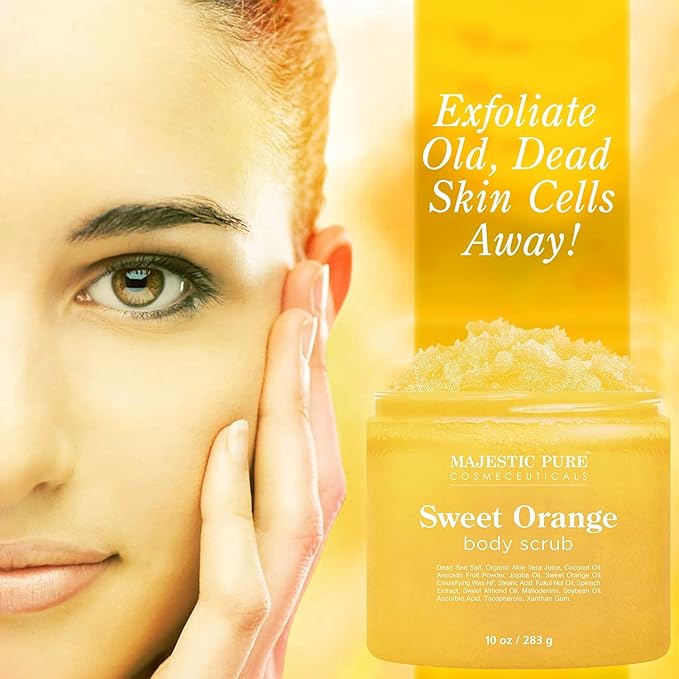 Majestic Pure Sweet Orange Body Scrub for All Natural Skin Care - Exfoliating Multi Purpose Body and Facial Scrub Moisturizes and Nourishes Face and Skin - 10 oz - Great Gift for Her