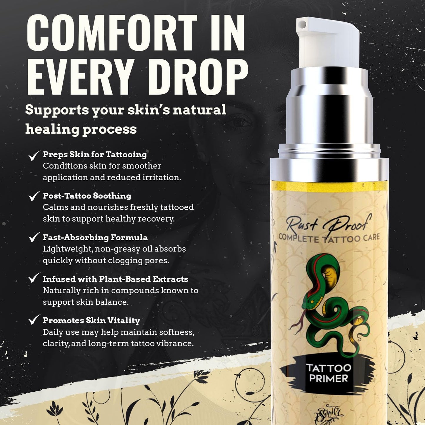 Rust Proof Tattoo Primer 1.7 Fl oz – Lightweight Body Oil Preps and Soothes Tattooed Skin – Fast-Absorbing, Non-Greasy Repair Oil with 14 Essential Oils – Supports Comfort and Skin Vitality