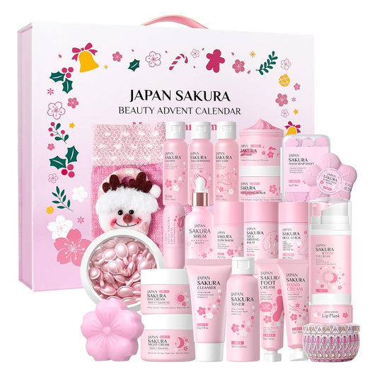 LAIKOU Japan Sakura Beauty Advent Calendar 2025, Christmas Gifts for Women, Skin Care Set, Bath Body Gift Set, New Year Skincare Beauty Gift Baskets, 24pcs Surprise Gift Box for Women and Girls