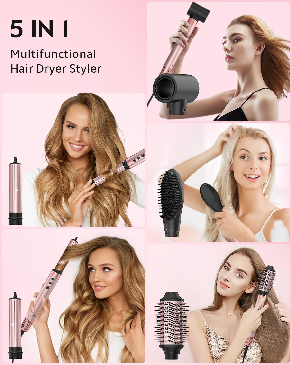 Brightup 5 in 1 High-Speed Hot Air Styler, 1400W Powerful 120000RPM Hair Dryer Brush, Negative Ions Thermal Brush, Cool Shot Button, Curler, Volumizer, Straighter, No Heat Damage, with Travel Bag