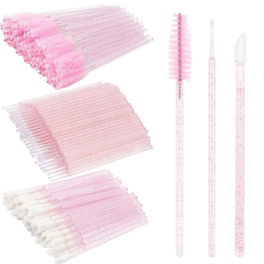 300 PCS Eyelash Extension Supplies Kit,Disposable Lash Spoolies Brushes Micro Swab Brushes Mascara Wand Lip Brushes for Eyelash Extension Tattoo Lipstick Applicator (Pink)