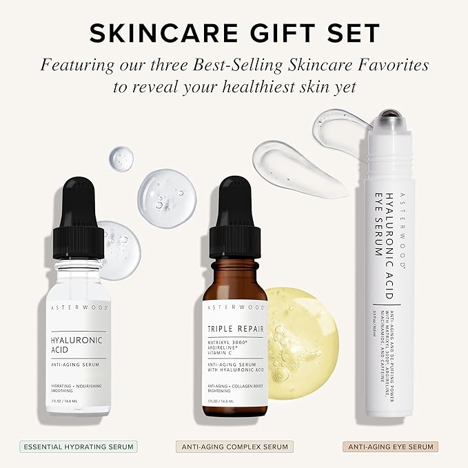 Asterwood Skin Care Set - Mothers Day Gifts For Mom - with Hyaluronic Acid & Triple Repair Serums, Under Eye Serum - Skincare Essentials - Hydrating, Moisturzing, Anti-Aging - Fragrance-Free