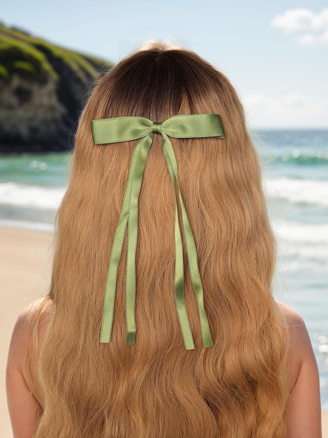 Tassel Ribbon Bowknot Hair Clips with Long Tails for Women and Girls, Solid Barrettes and Claw Clips with Bows for Long Hair (Red Green)