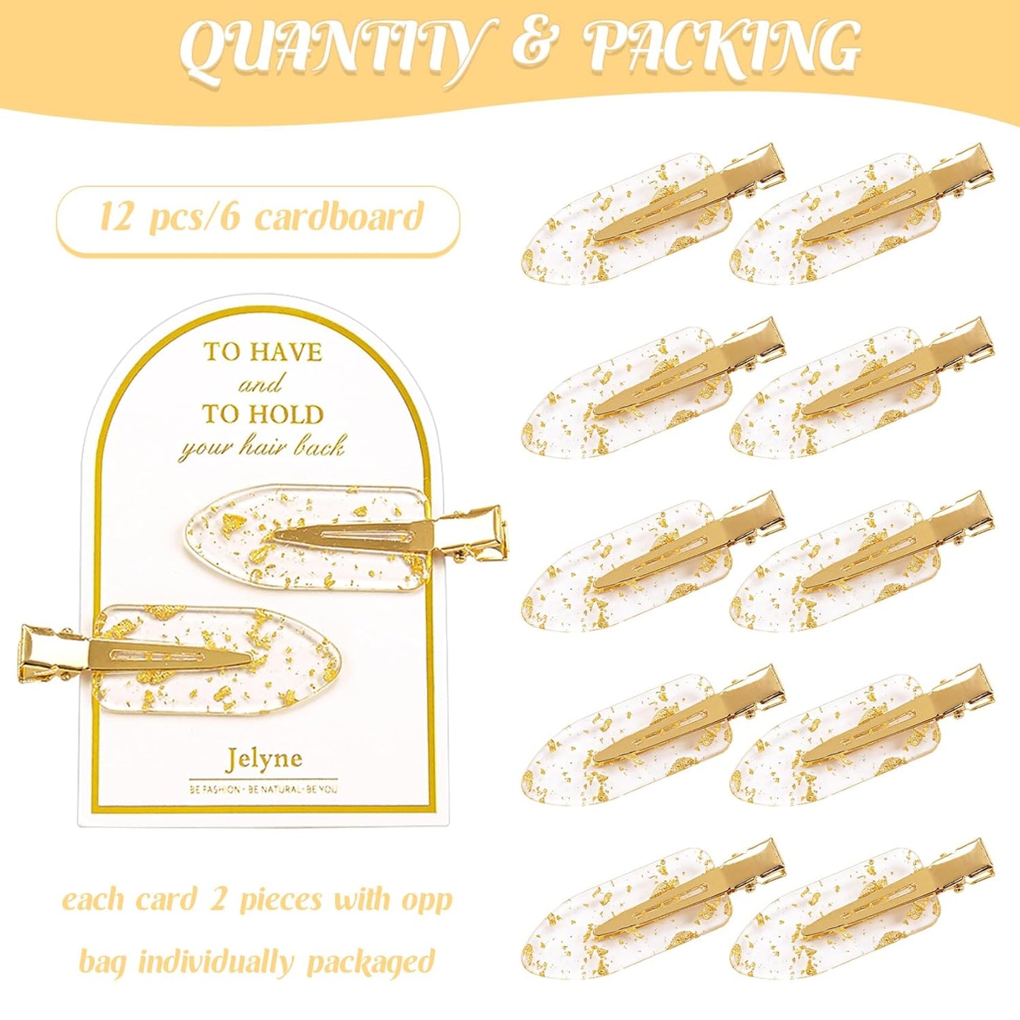 No Bend Hair Clips, 12Pcs/6cards Resin & Stainless Steel No Crease Hair Clips, Gold Glitter Bridesmaid Proposal Gift Hair Clip for Makeup Styling Hair accessories Hair Setting Clips for Bangs