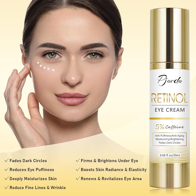 Retinol Eye Cream with Eye Massage Instrument, Infused with 5% Caffeine and Hyaluronic for Dark Circles Treatments, Under Eye Care Anti Aging Reduce Under Eye Bags Fine Lines, Gifts for women