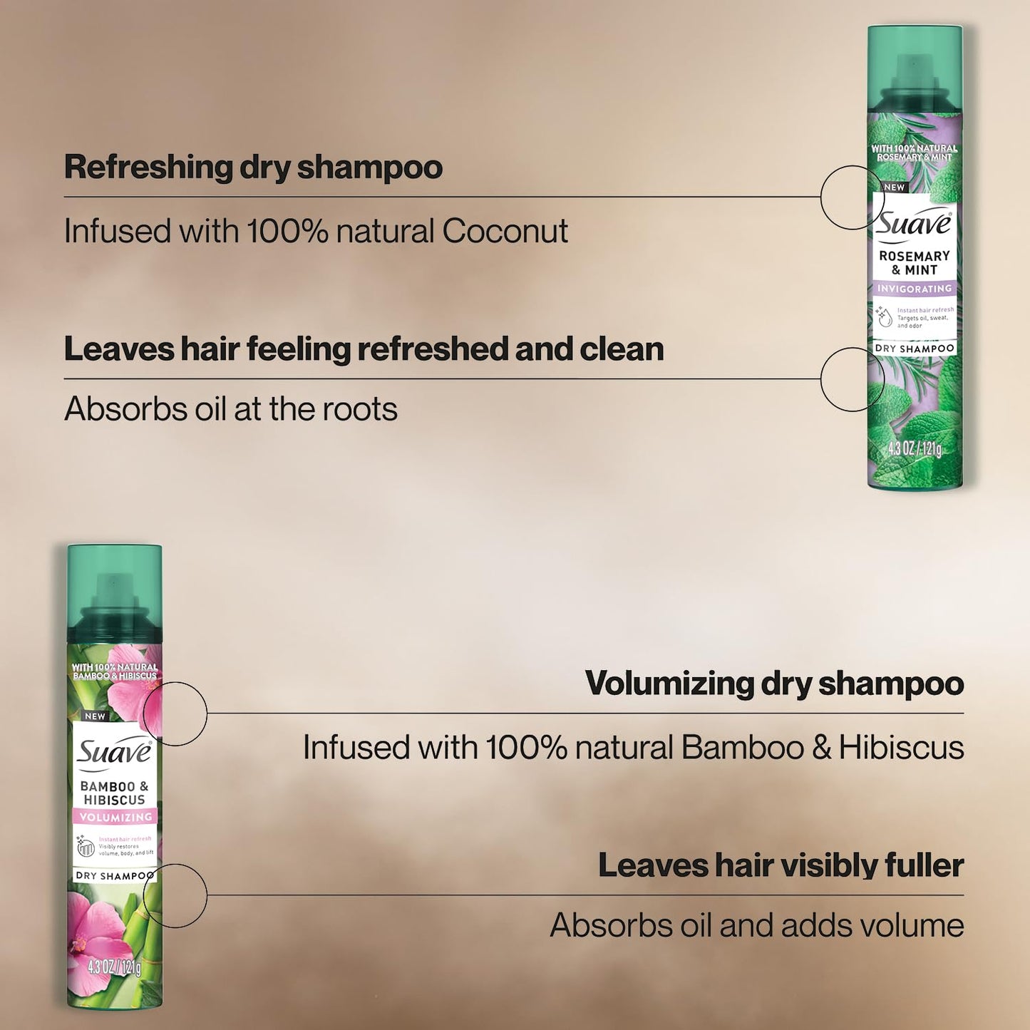 Suave+ Dry Shampoo Spray Variety 2-Pack – Volumizing Bamboo & Hibiscus, Refreshing Sweet Coconut, 4.3 Oz Ea