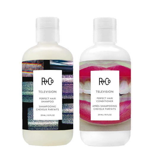 R+Co Television Perfect Hair Shampoo & Conditioner Set + Deluxe Sample (0.5oz) | Smooths, Adds Shine & Volume | Vegan + Cruelty-Free | 8.5oz (Pack of 2)