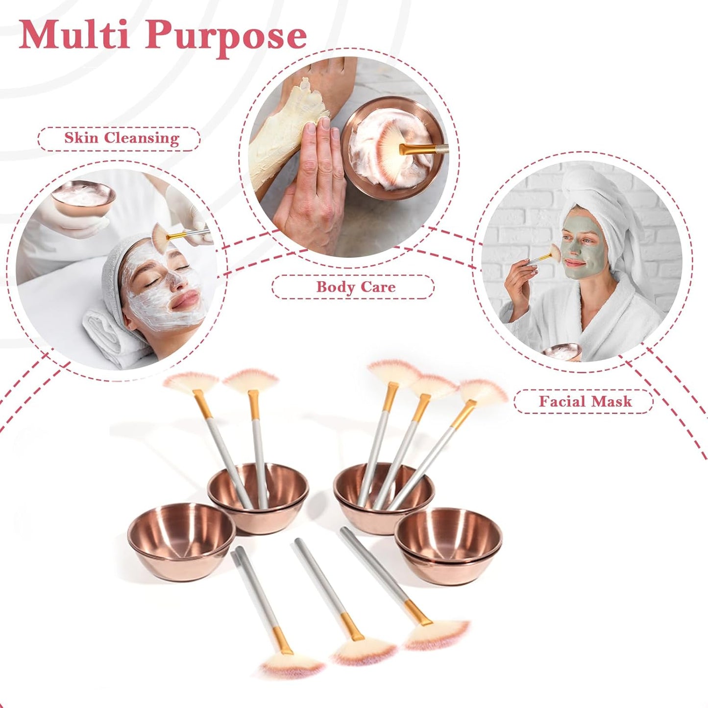 8 Pcs Rose Gold Esthetician Supplies 4 Facial Fan Brushes Esthetician 4 Rose Gold Stainless Steel Mixing Bowls Face Mask Brush Facial Bowls Esthetician for Mud Cream Makeup Spa Salon Women