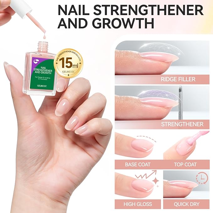 Gelike EC Nail Strengthener for Woman: Nude Blush 15ml 6 in 1 Natural Nail Hardener Extra Strong and Growth - Nail Polish Hardener for Weak and Damaged Nails