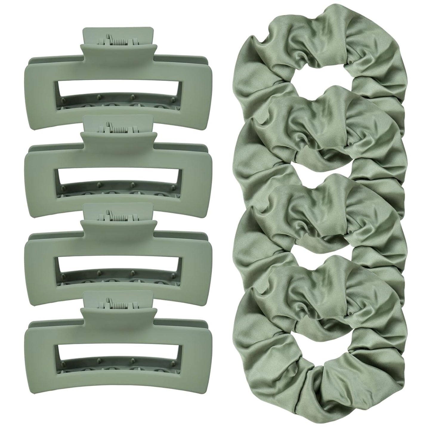 8Pcs Green Hair Clips and Scrunchies Set - Square Hair Claw Clips for Women, Medium Non-Slip Matte, Large Satin Scrunchies for Thick Thin Hair Accessories, Gift for Her