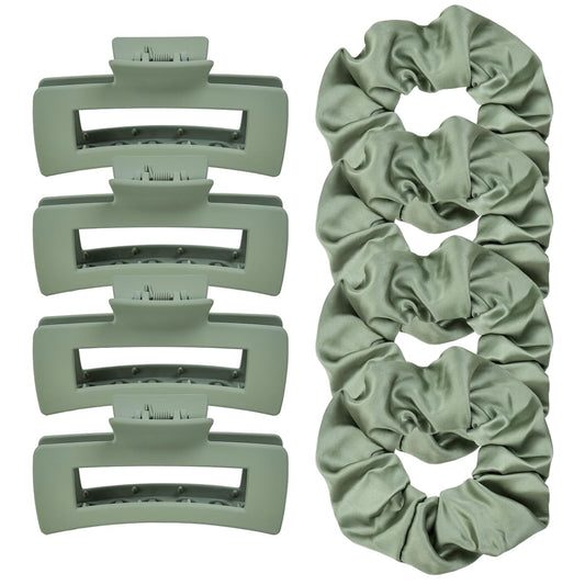 8Pcs Green Hair Clips and Scrunchies Set - Square Hair Claw Clips for Women, Medium Non-Slip Matte, Large Satin Scrunchies for Thick Thin Hair Accessories, Gift for Her