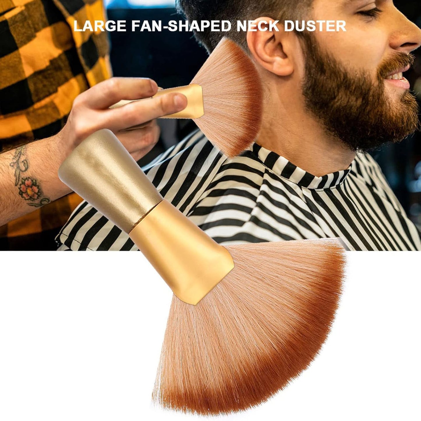 Neck Duster, Soft Large Fan Shaped Barber and Salon Brush, Gold Long Brush Hair Face Hair Cleaning Brush Hair Cutting Tools, for Cleansing Face and Neck Hair