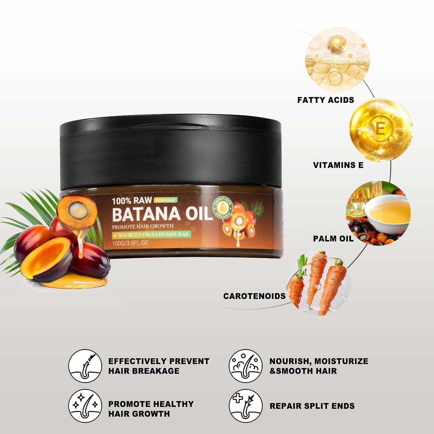 Batana Oil for Hair Growth, Sebi 100% Pure Organic Natural Ingredients from Honduras Reduces Hair Loss, Enhances Thickness, Moisturizes Scalp, Restores Dry Damaged Hair (100 ml)