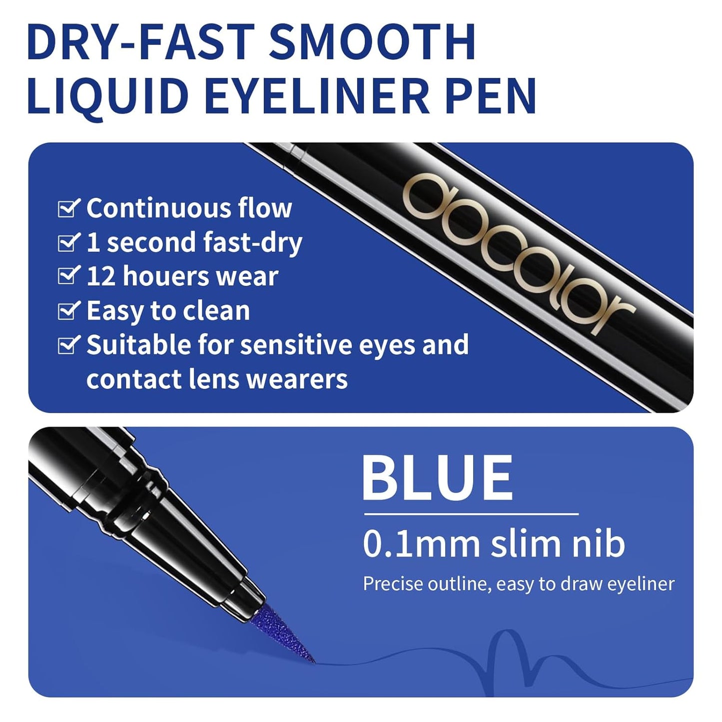 docolor Eyeliner, 2PCS Blue Liquid Eyeliner Waterproof Eye Liner Pen Super Slim Precise All Day Blue Eye Pencils Professional Makeup Liquid Eye Liner Pencil for Women