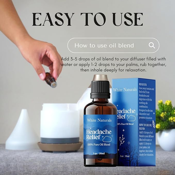 White Naturals Headache Relief Essential Oil Blend – Soothing Aromatherapy Oil for Tension & Headache Relief, 100% Pure & Natural Essential Oils for Calm & Relaxation, 1oz