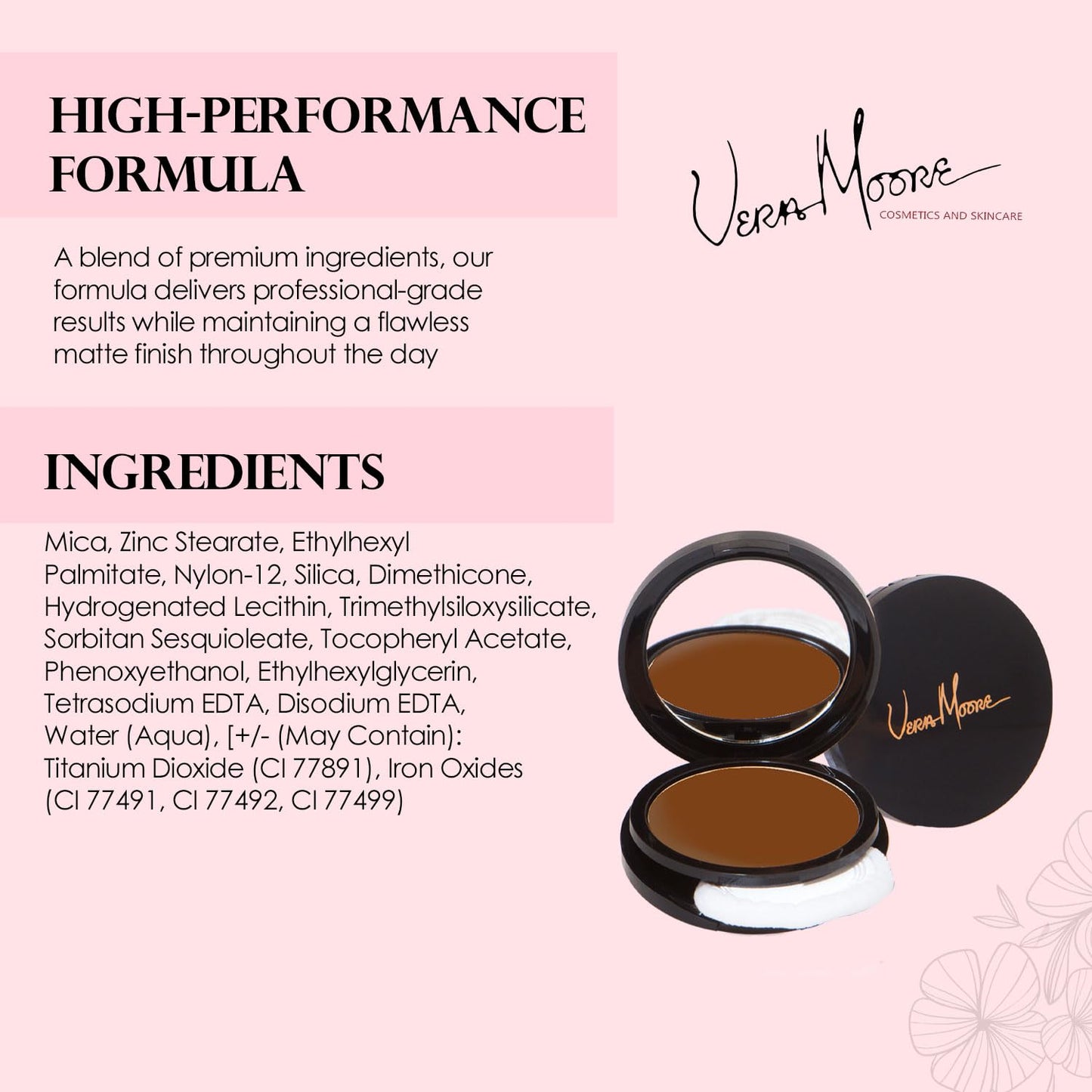 Vera Moore Matte Pressed Powder, Makeup Setting Compact Powder, Face Powder for Full Coverage with Flawless Finish, Shine, Matte Finish for All Skin Types (Antique Brown, 12.5g)