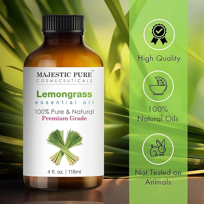 MAJESTIC PURE Lemongrass Essential Oil | 100% Pure and Natural Oil | Premium Grade Essential Oils for Hair Care, Home Diffusers, Skin, Aromatherapy, Massage and Humidifiers | 4 Fl Oz (Pack of 2)
