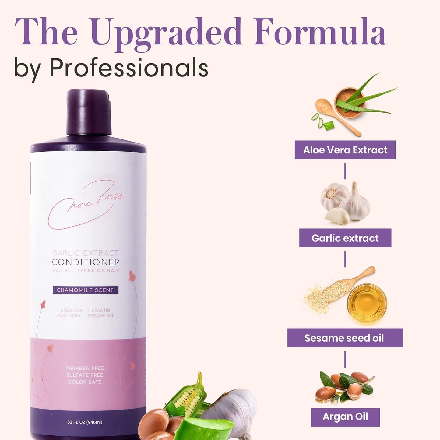 Nora Ross Garlic Extract Daily Moisturizing Conditioner with Argan Oil, Aloe & Chamomile Scent – Deep Conditioning for Smooth, Shiny Hair – Sulfate Free, Color Safe Formula for Women and Men – 32oz