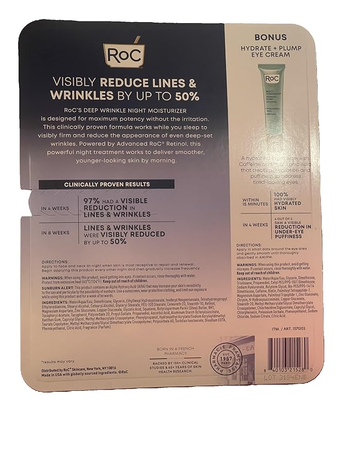 RoC Retinol Correxion Deep Wrinkle Night Cream, 2.6 fl oz Total (2-Pack of 1.3 fl oz), with Bonus Eye Cream 0.4 fl oz
