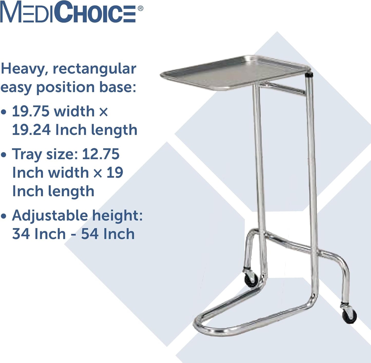 MediChoice Mayo Portable Adjustable Tray Steel Premium Instrument Stand Medical Dental Salon Tattoo Esthetician Mobile Service Cart Table Station Height 34-54 Inch MAYO1201