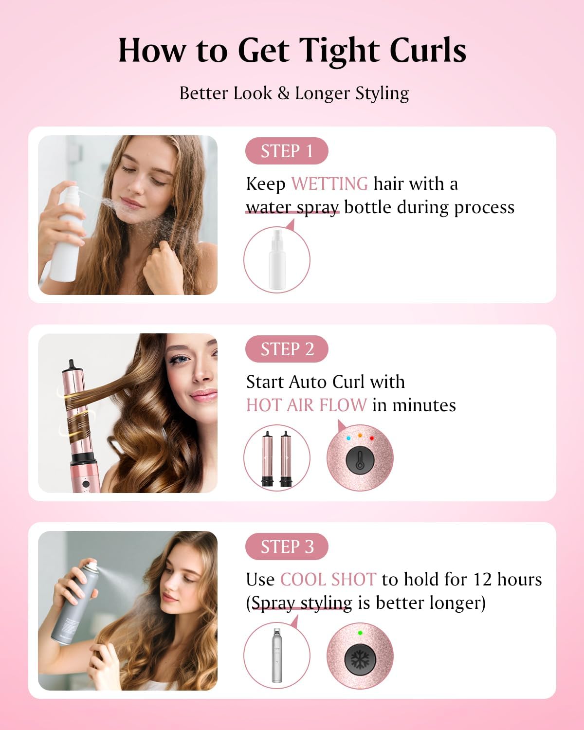 Brightup Dual Voltage Air Wrap Hair Styler - 5 in 1 High Speed Hot Air Styler 1400W Blow Dryer Brush, Negative Ions, Cool Shot Button, Curler, Volumizer, Straighter, No Heat Damage, with Travel Bag