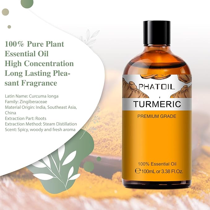 Turmeric 3.38fl.oz Essential Oil, PHATOIL Pure Aromatherapy Oils for Diffuser, Humidifier, Perfect for DIY Soap, Candle, Bath Bombs Making(100ml)