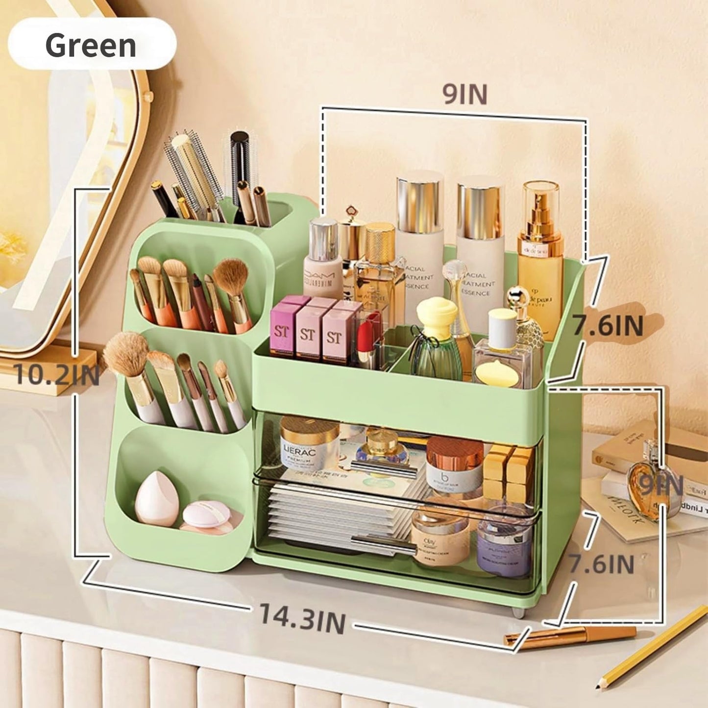Makeup Organizer with Drawers,Large Capacity Countertop Organizer for Vanity,Bathroom and Bedroom Desk Cosmetics Organizer,Easy To Storage Skincare,Brushes,Lotions,Lipstick (Green)