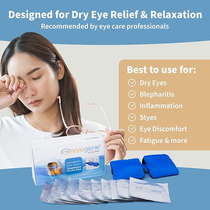 EyeGiene System - Self Heating Eye Mask – Warm Compress for Eyes, Multi-Use Heat Treatment for Dryness, Fatigue, Styes, Blepharitis, Portable Heated Mask for Dry Eyes, 10 Pair Wafers & 1 Eye Mask