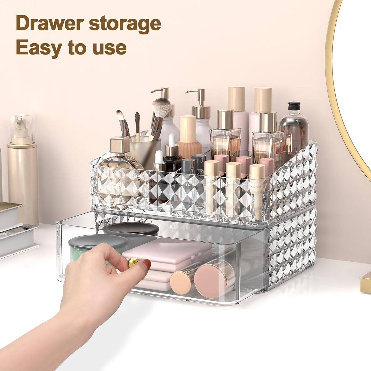Makeup Organizer for Vanity, Stackable Cosmetics Organizer and Storage, Cosmetic Display Cases with 1 Drawers and 1 Tray for Makeup Brush, Hair Accessories, Lipstick and Jewelry, Clear