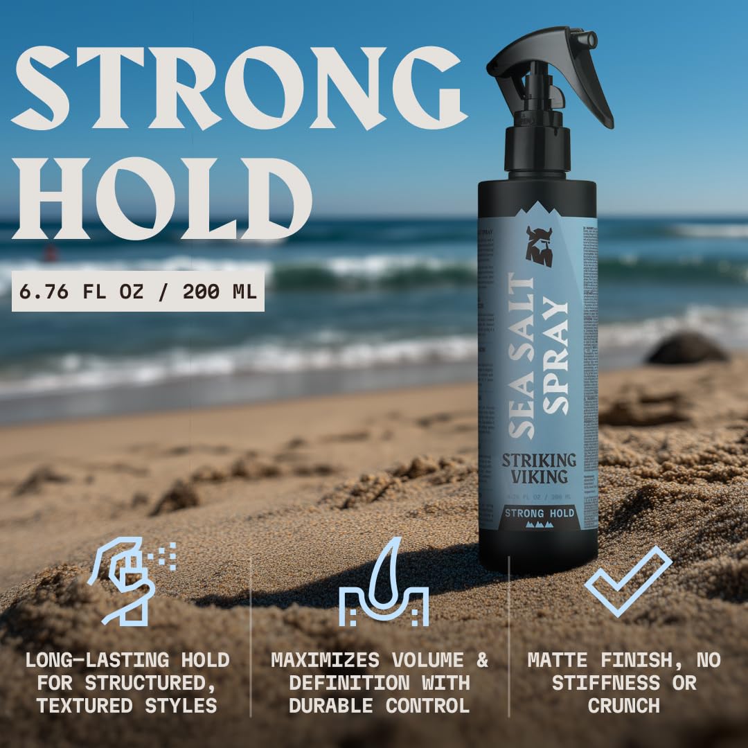 Striking Viking Sea Salt Spray for Men - Strong Hold, 6.76 Fl Oz, Blue Ocean Scent - Volumizing Hair Spray for Men - Texturizing & Curl Enhancing - Paraben Free