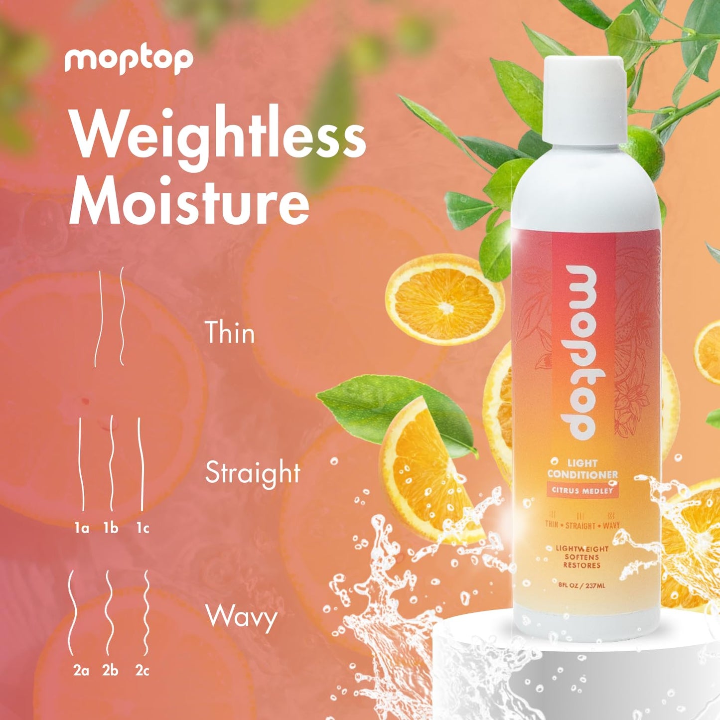MopTop Light Conditioner – Lightweight Hair Moisturizer to Enhance Moisture & Reduce Frizz, Sulfate & Paraben Free Hair Care for All Hair Types – Thin, Straight, Wavy, Curly (Citrus Medley, 2pk)
