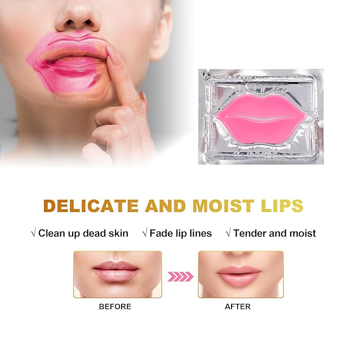 CCbeauty 24 Packs Lip Masks & Eye Mask Bulk,24K Gold Under Eye Patches for Puffy Eyes,Dark Circles,Collagen Eye gel Pads for Eye Bags,Wrinkles | Nourish & Hydrate Dry Chapped Lips Skincare, Pink