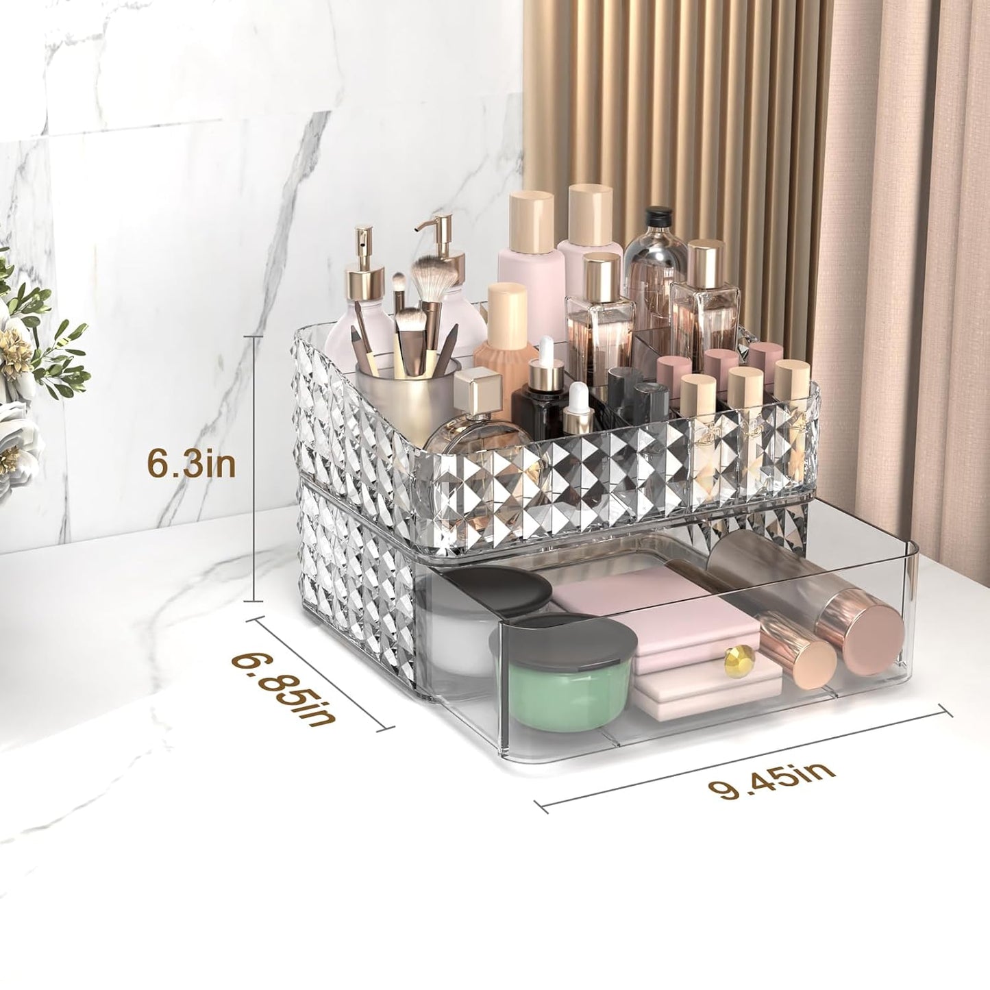 Makeup Organizer for Vanity, Stackable Cosmetics Organizer and Storage, Cosmetic Display Cases with 1 Drawers and 1 Tray for Makeup Brush, Hair Accessories, Lipstick and Jewelry, Clear