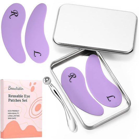 2 Pairs Reusable Under Eye Wrinkle Patches Silicone Mask, Plump Fine Lines & Wrinkles, with Metal Eye Cream Applicator, Tin Case, Purple
