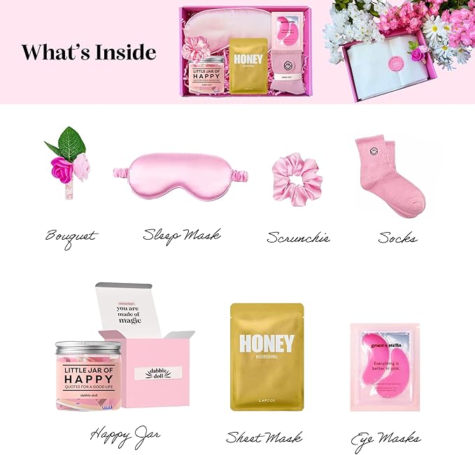 Happy Gift Set – Spa Pamper Kit, Smile Socks, Motivational Gift Box with Uplifting Quotes, Silly Sleep Mask | Self-Care Gift Box for Women, Mother's Day (Premium Gift Set)