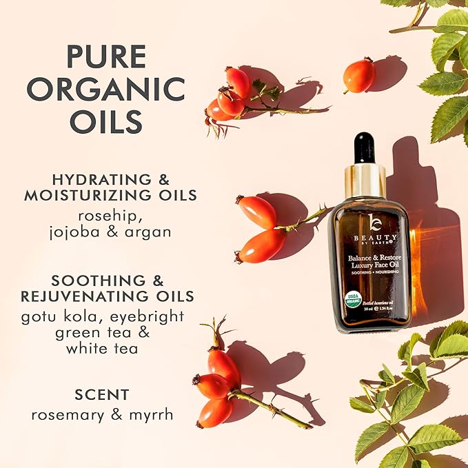USDA Organic Face Oil - USA Made with Natural Ingredients, Anti Aging Formula for Acne-Prone & Oily Skin, Facial Oil with Vitamin E, Rosehip, Argan & Jojoba Oils for Sensitive Skin, Eczema & Rosacea