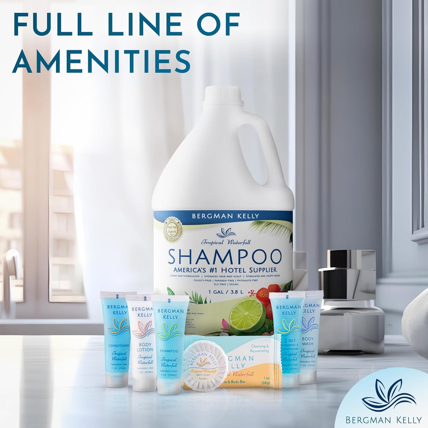 Bergman Kelly Refill Gallon Size Shampoo (128 fl oz, Tropical Waterfall Scent), Delight Your Guests with an Invigorating and Refreshing Shampoo, Quality Guest Hotel Toiletries in Bulk