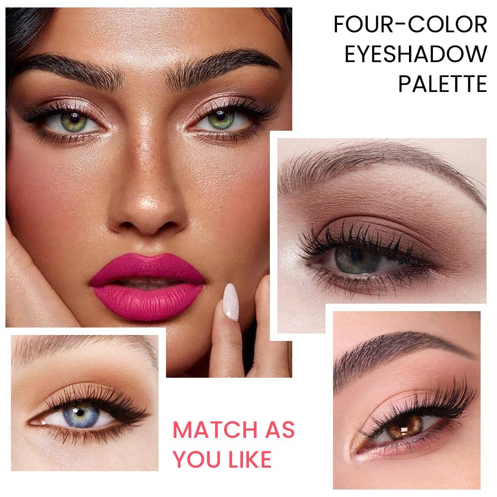 Eyeshadow Quad, Nude Brown Matte Shimmer Eye Shadow Makeup Powder Palette, Suitable for Women's Daily Eyeshadow Makeup, Long-Lasting Waterproof and Smudge-Proof, Easy to Apply, with Built-In Mirror 01